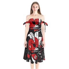 Red Black And White Abstraction Shoulder Tie Bardot Midi Dress