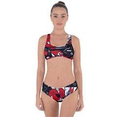 Red Black And White Abstraction Criss Cross Bikini Set by Valentinaart