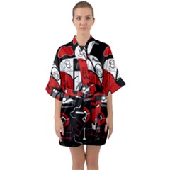 Red Black And White Abstraction Quarter Sleeve Kimono Robe