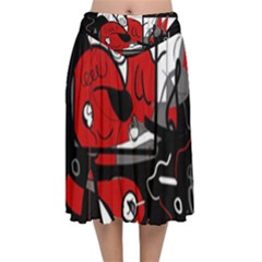 Red Black And White Abstraction Velvet Flared Midi Skirt by Valentinaart