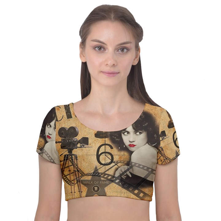 Vintage Cinema Velvet Short Sleeve Crop Top 