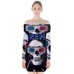 Cinema Skull Long Sleeve Off Shoulder Dress by Valentinaart