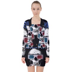 Cinema Skull V-neck Bodycon Long Sleeve Dress by Valentinaart