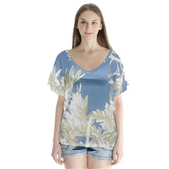 Nature Pattern V-neck Flutter Sleeve Top