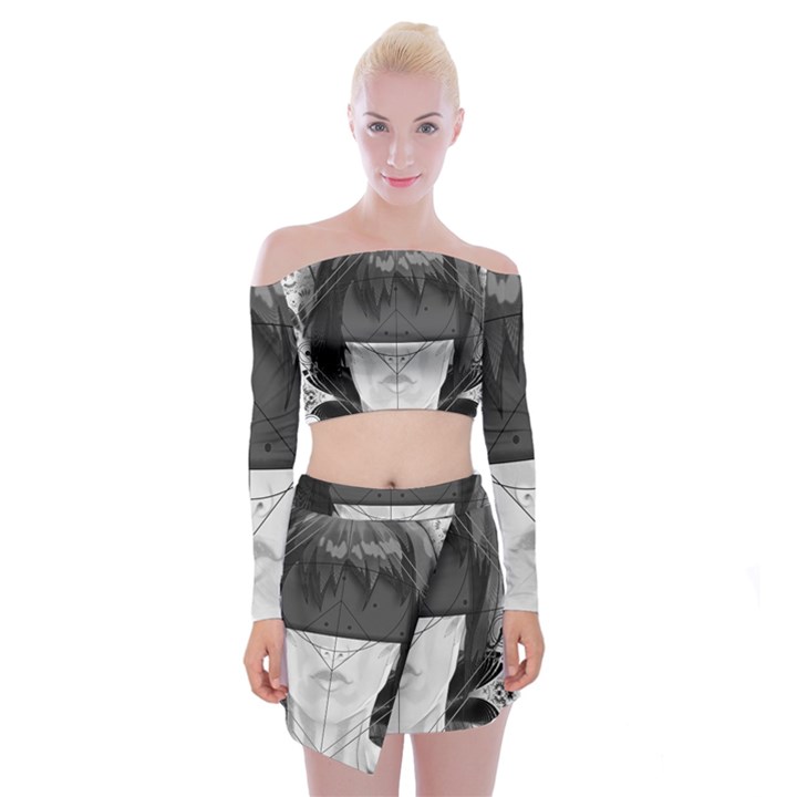 Beautiful BnW Fractal Feathers for Major Motoko Off Shoulder Top with Mini Skirt Set