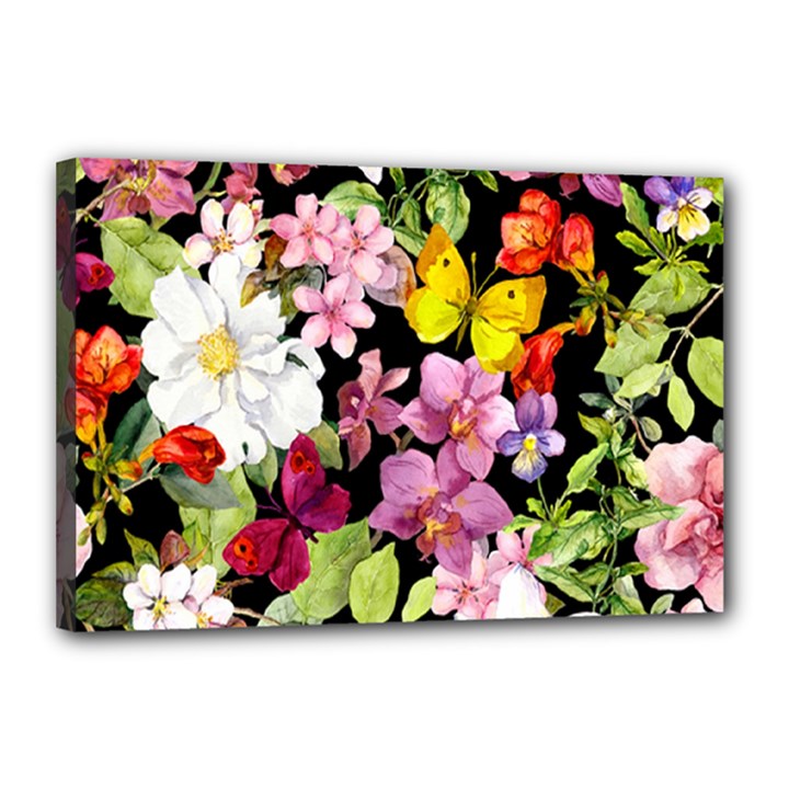 Beautiful,floral,hand painted, flowers,black,background,modern,trendy,girly,retro Canvas 18  x 12 