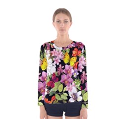 Beautiful,floral,hand Painted, Flowers,black,background,modern,trendy,girly,retro Women s Long Sleeve Tee