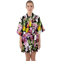 Beautiful,floral,hand Painted, Flowers,black,background,modern,trendy,girly,retro Quarter Sleeve Kimono Robe by NouveauDesign