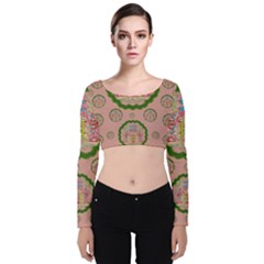 Sankta Lucia With Friends Light And Floral Santa Skulls Velvet Long Sleeve Crop Top by pepitasart