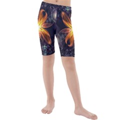 Beautiful Orange Star Lily Fractal Flower At Night Kids  Mid Length Swim Shorts by jayaprime