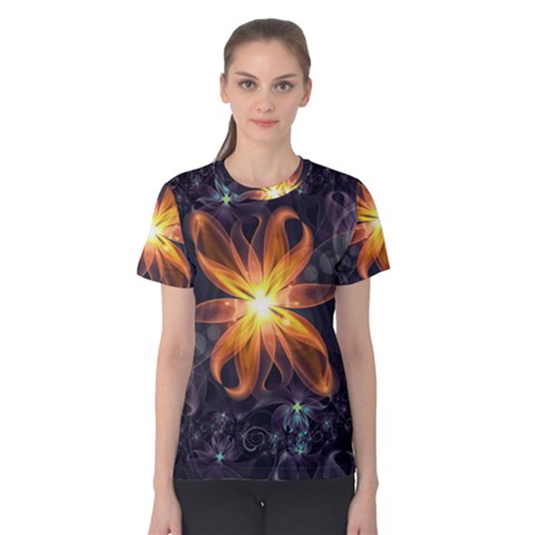 Beautiful Orange Star Lily Fractal Flower At Night Women s Cotton Tee by jayaprime