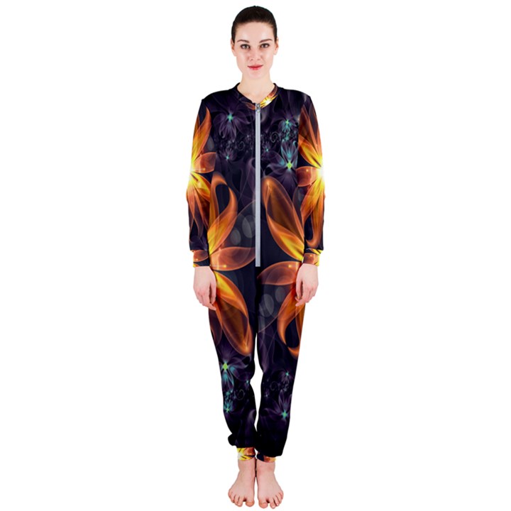 Beautiful Orange Star Lily Fractal Flower at Night OnePiece Jumpsuit (Ladies) 