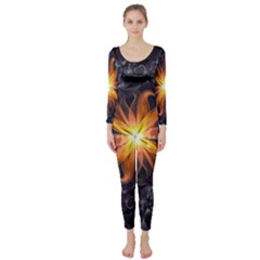 Beautiful Orange Star Lily Fractal Flower At Night Long Sleeve Catsuit