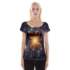 Beautiful Orange Star Lily Fractal Flower At Night Cap Sleeve Tops by jayaprime