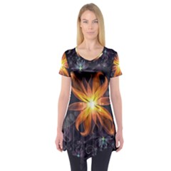 Beautiful Orange Star Lily Fractal Flower At Night Short Sleeve Tunic  by jayaprime