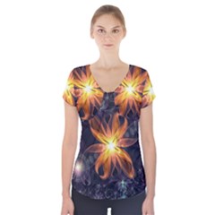 Beautiful Orange Star Lily Fractal Flower At Night Short Sleeve Front Detail Top by jayaprime