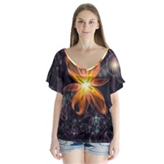 Beautiful Orange Star Lily Fractal Flower At Night V-neck Flutter Sleeve Top by jayaprime