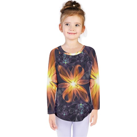 Beautiful Orange Star Lily Fractal Flower At Night Kids  Long Sleeve Tee by jayaprime