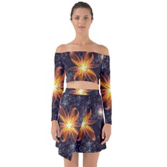 Beautiful Orange Star Lily Fractal Flower At Night Off Shoulder Top With Skirt Set by jayaprime