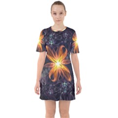 Beautiful Orange Star Lily Fractal Flower At Night Sixties Short Sleeve Mini Dress by jayaprime