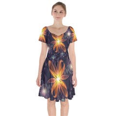 Beautiful Orange Star Lily Fractal Flower At Night Short Sleeve Bardot Dress by jayaprime