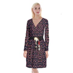 Floral Skulls In The Darkest Environment Long Sleeve Velvet Front Wrap Dress by pepitasart