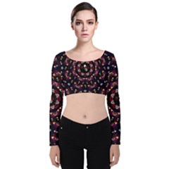 Floral Skulls In The Darkest Environment Velvet Long Sleeve Crop Top by pepitasart