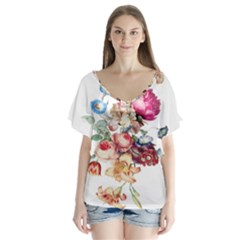 Fleur Vintage Floral Painting V-neck Flutter Sleeve Top by Celenk