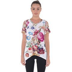 Fleur Vintage Floral Painting Cut Out Side Drop Tee by Celenk