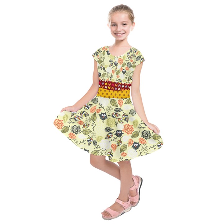 Light Olive Green Owls & Floral Kids  Short Sleeve Dress