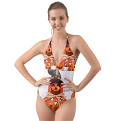 Funny Halloween Pumpkins Halter Cut-out One Piece Swimsuit by gothicandhalloweenstore