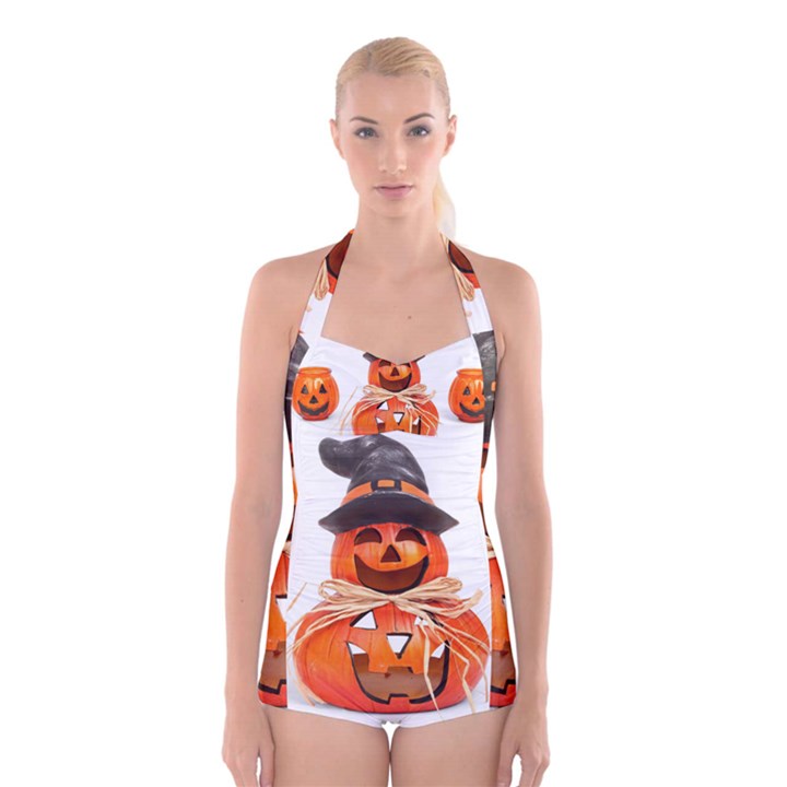 Funny Halloween Pumpkins Boyleg Halter Swimsuit 