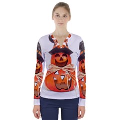 Funny Halloween Pumpkins V-neck Long Sleeve Top by gothicandhalloweenstore