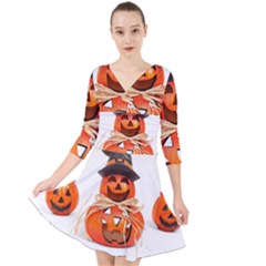 Funny Halloween Pumpkins Quarter Sleeve Front Wrap Dress	