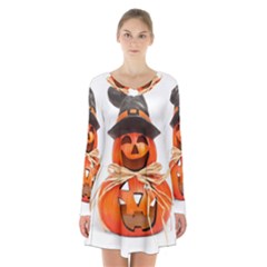 Funny Halloween Pumpkins Long Sleeve Velvet V-neck Dress by gothicandhalloweenstore