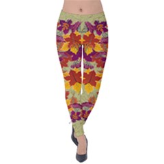 Purple & Orange Autumn Maple Leaf Velvet Leggings by PattyVilleDesigns