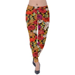 Red Elegant Florals Winter Velvet Leggings by PattyVilleDesigns