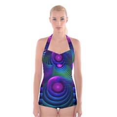 Beautiful Rainbow Marble Fractals In Hyperspace Boyleg Halter Swimsuit  by jayaprime