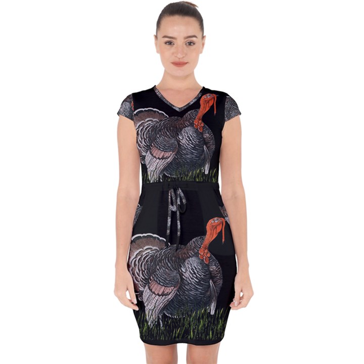 Thanksgiving Turkey Capsleeve Drawstring Dress 