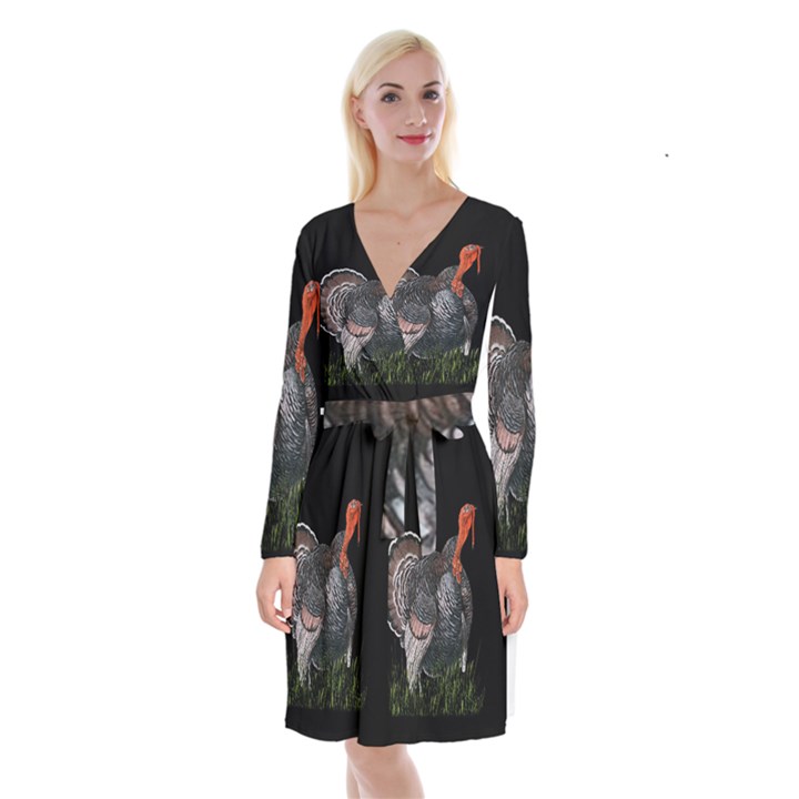 Thanksgiving Turkey Long Sleeve Velvet Front Wrap Dress