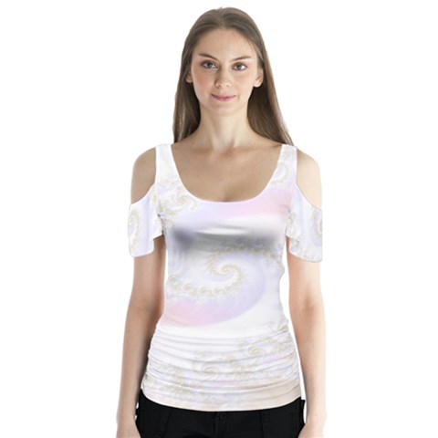 Mother Of Pearls Luxurious Fractal Spiral Necklace Butterfly Sleeve Cutout Tee  by jayaprime