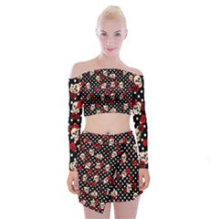 Skulls And Roses Off Shoulder Top With Mini Skirt Set by Valentinaart