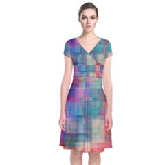 Rainbow Prism Plaid  Short Sleeve Front Wrap Dress by KirstenStar