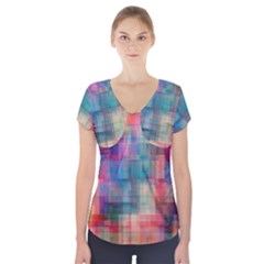 Rainbow Prism Plaid  Short Sleeve Front Detail Top by KirstenStar