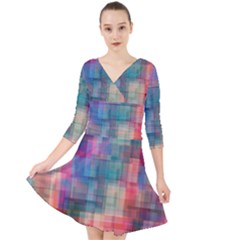 Rainbow Prism Plaid  Quarter Sleeve Front Wrap Dress	