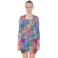 Rainbow Prism Plaid  V-neck Bodycon Long Sleeve Dress