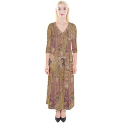 Japanese Geisha With Cat Illustration Quarter Sleeve Wrap Maxi Dress