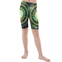 Green Chaos Clock, Steampunk Alchemy Fractal Mandala Kids  Mid Length Swim Shorts by jayaprime