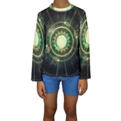 Green Chaos Clock, Steampunk Alchemy Fractal Mandala Kids  Long Sleeve Swimwear by jayaprime