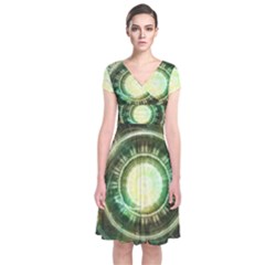 Green Chaos Clock, Steampunk Alchemy Fractal Mandala Short Sleeve Front Wrap Dress by jayaprime